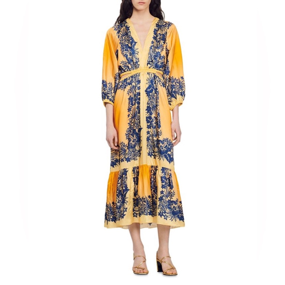 Sandro Willow Long Hawaii Print Cut Out Dress Size 36